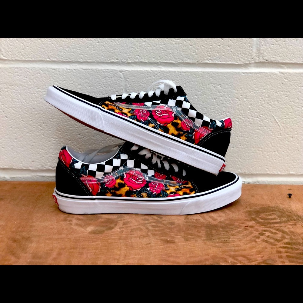 Vans classic checkboard cheetah rose shoes